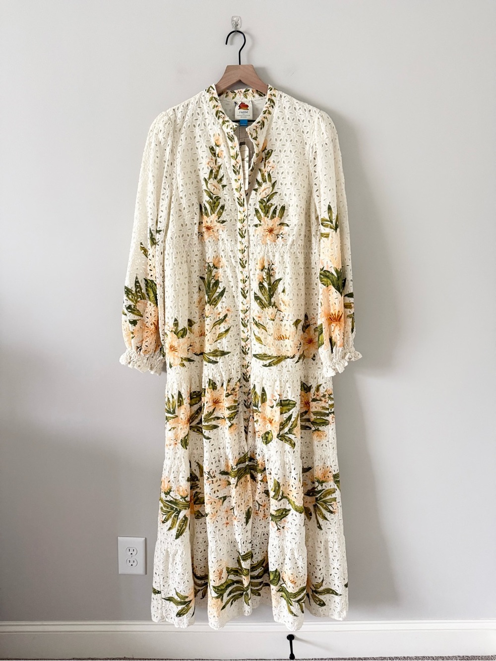 NWT Farm Rio Long Sleeve Cream Peach Floral Eyelet Maxi Dress Size L - Picture 2 of 9